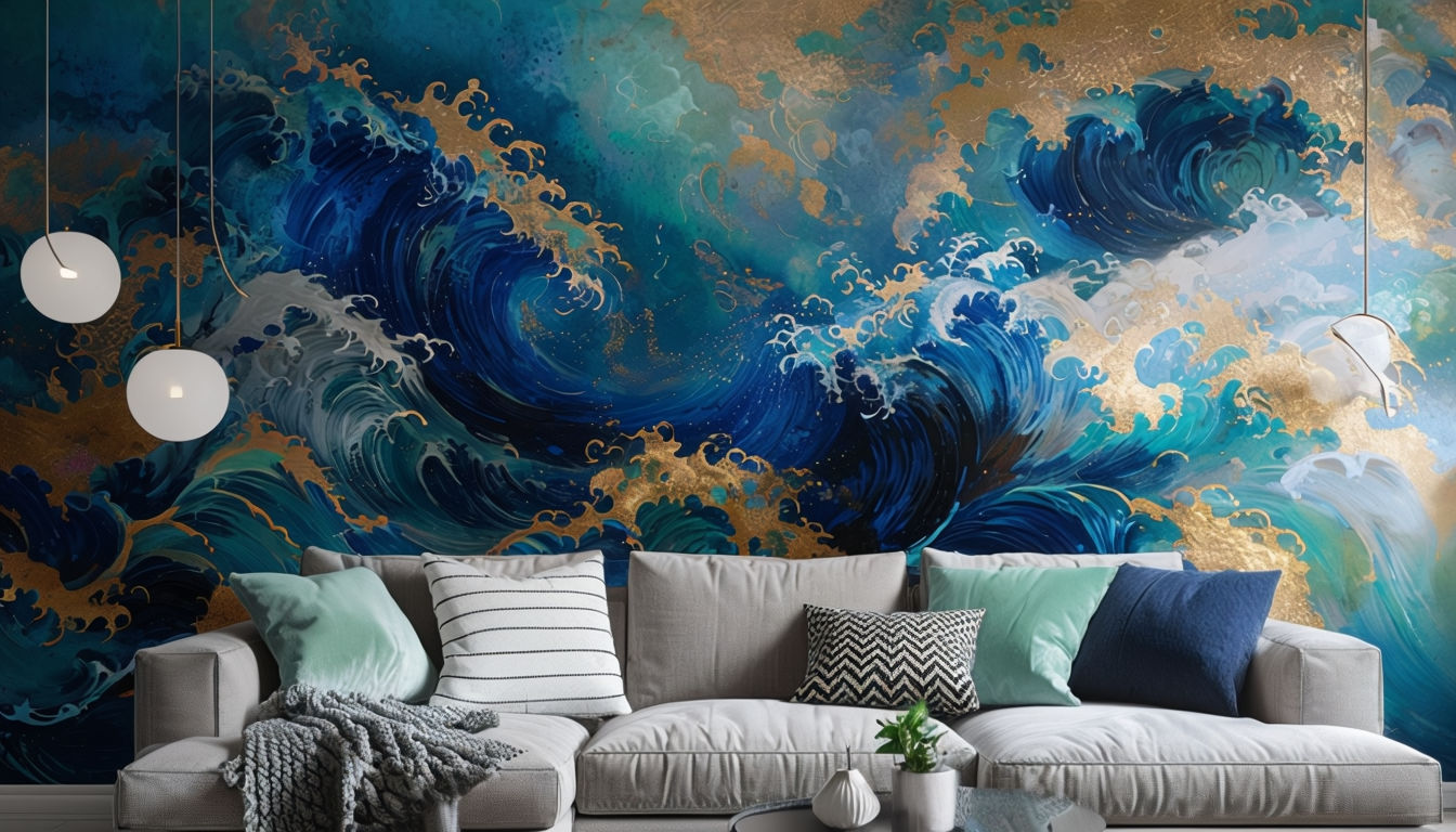 Modern Living Room with Swirling Waves Mural and Cozy Sofa Art