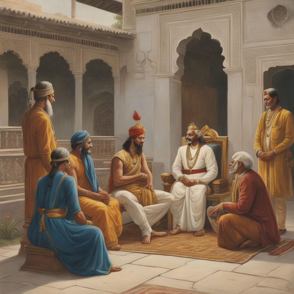 An indian king sitting in his courtyard with his ministers a by