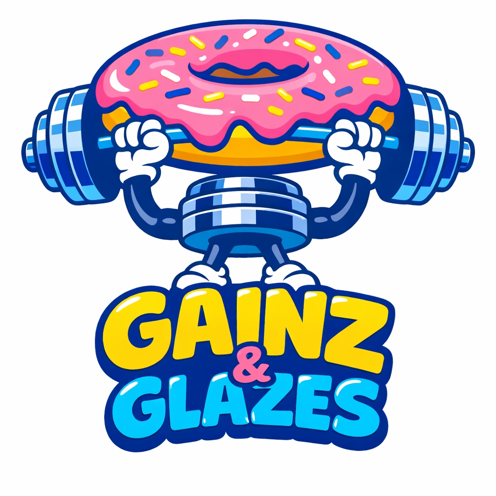 Playful Cartoon Donut Lifting Weights with GAINZ & GLAZES T-shirt