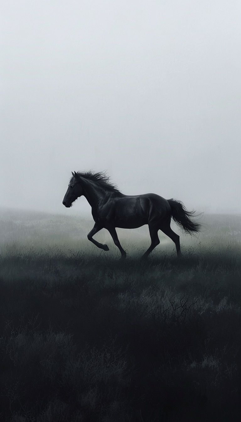 Mystical Black Horse Galloping Through Foggy Field Mobile Wallpaper