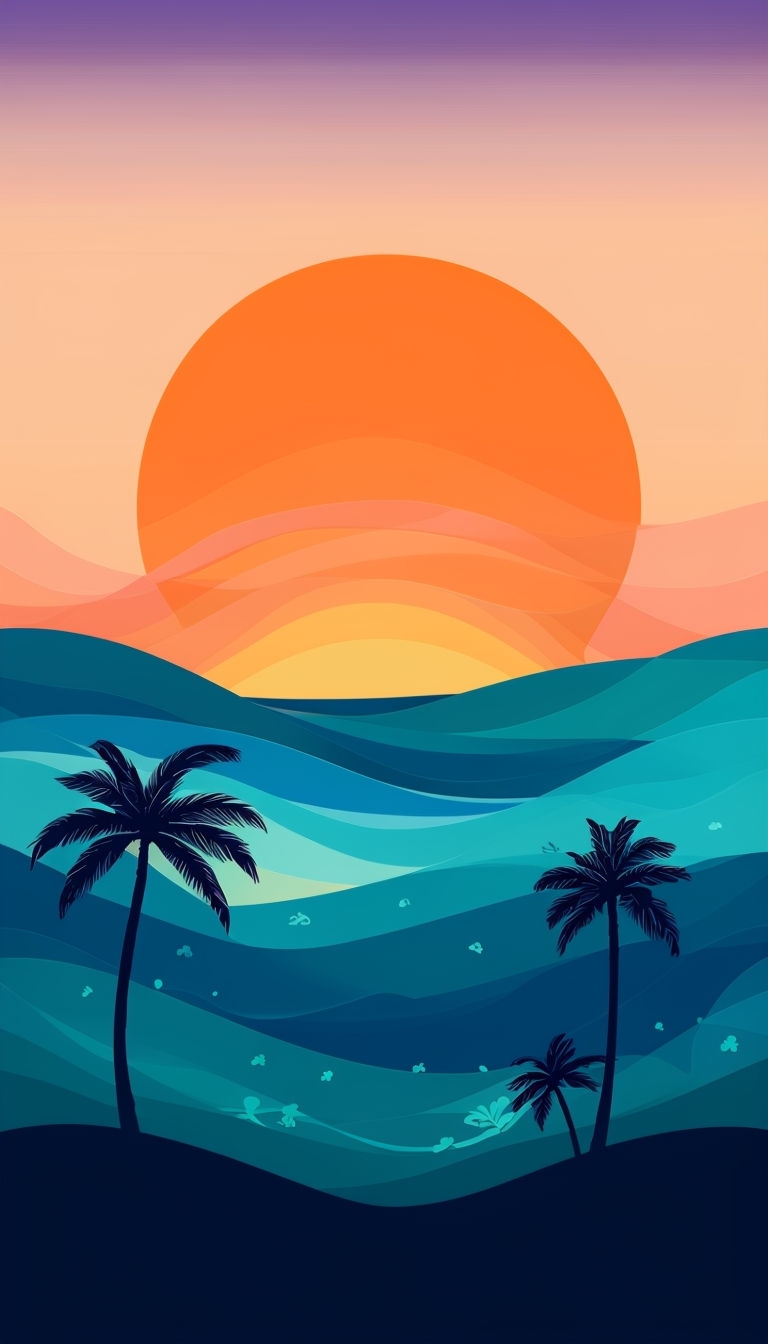 Vibrant Tropical Beach Sunrise Abstract Illustration Mobile Wallpaper