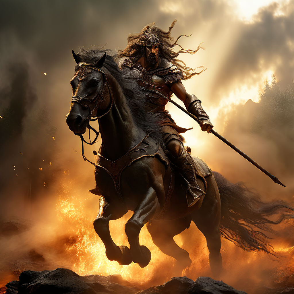 female warrior riding a black horse in battle