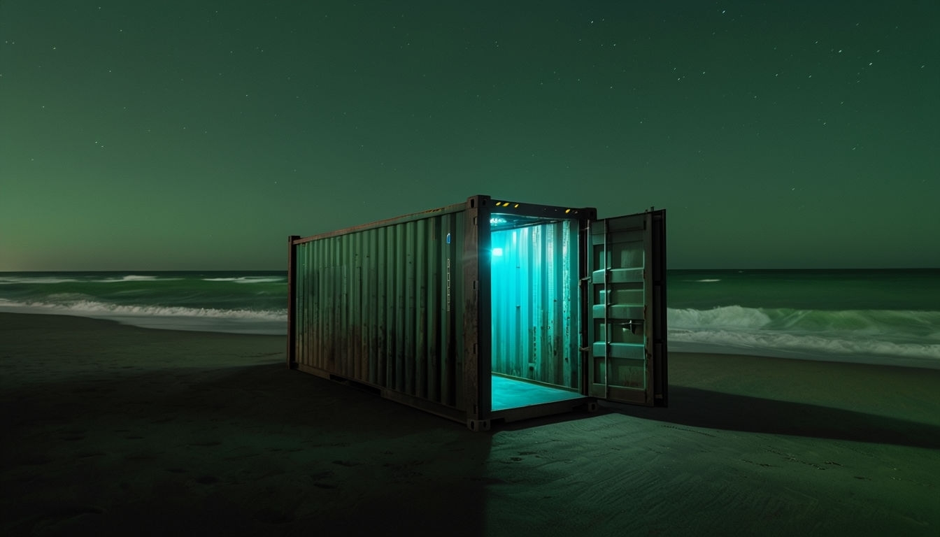 Mysterious Illuminated Shipping Container on Dark Beach Virtual Backgrounds