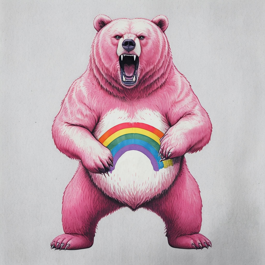 Vibrant Pink Roaring Bear with Rainbow Belly T-Shirt