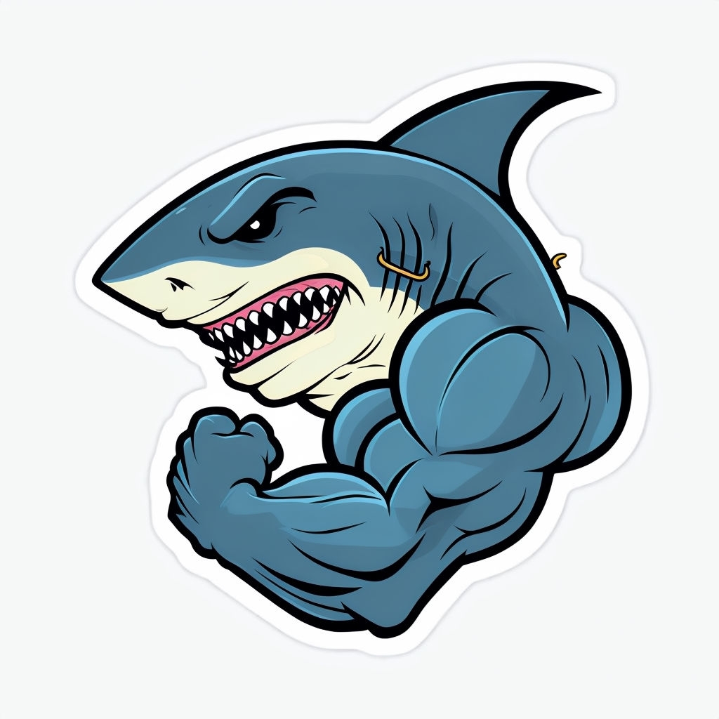 Muscular Cartoon Shark Head Die-Cut Sticker Design