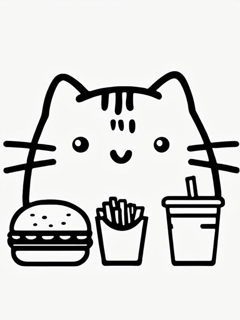 Cute Pusheen Cat with Food Items Minimalist Line Drawing Sticker