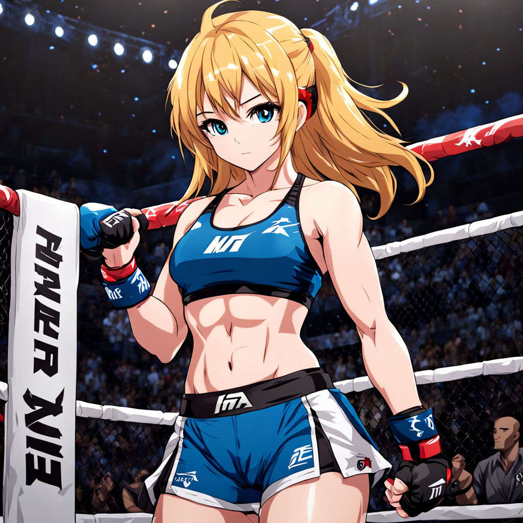 A 20 years old kick boxing anime girl kicking a punching bag