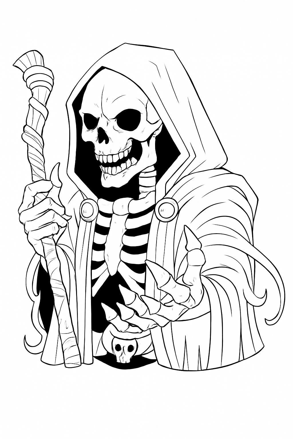 Ominous Skeletal Figure in Hooded Robe Coloring Page