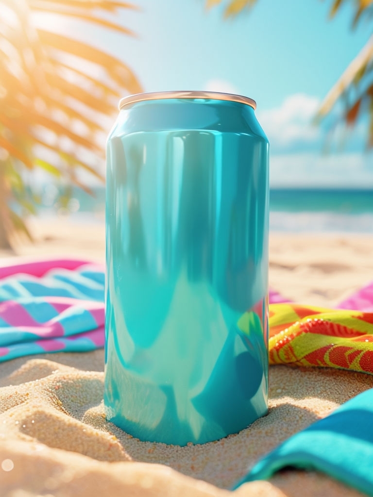 Vibrant Turquoise Soda Can Mockup in Sunny Beach Setting Mockup