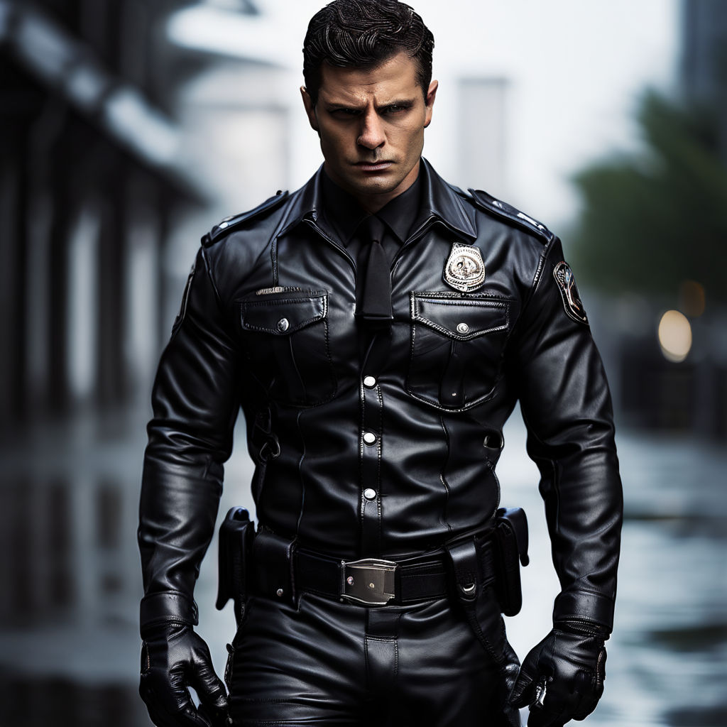 hairy Chris Evans wearing leather cop uniform