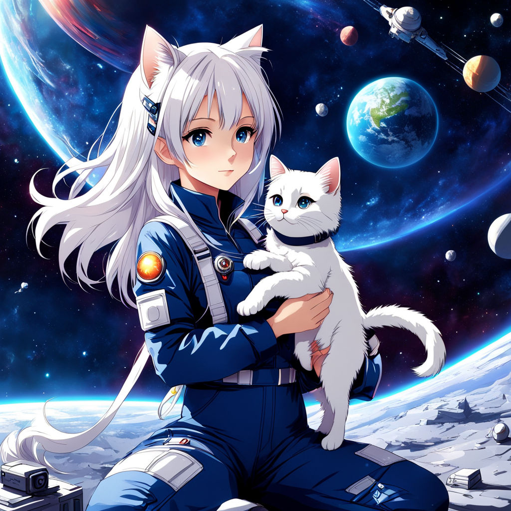 cat girl with big chest anime style with space suit 80´s style