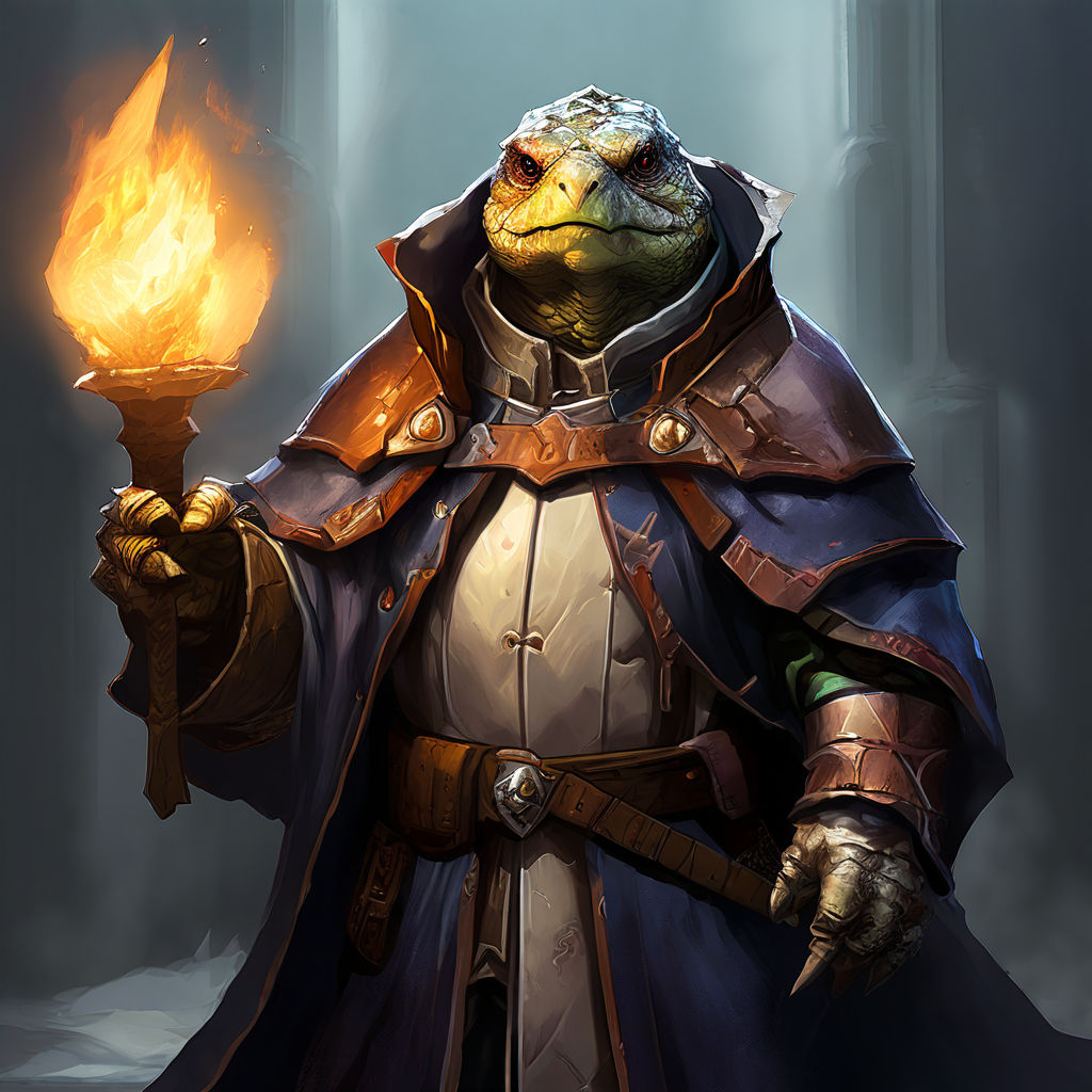 Tortle cleric dnd 5e holding a warhammer and wearing a coat by ...