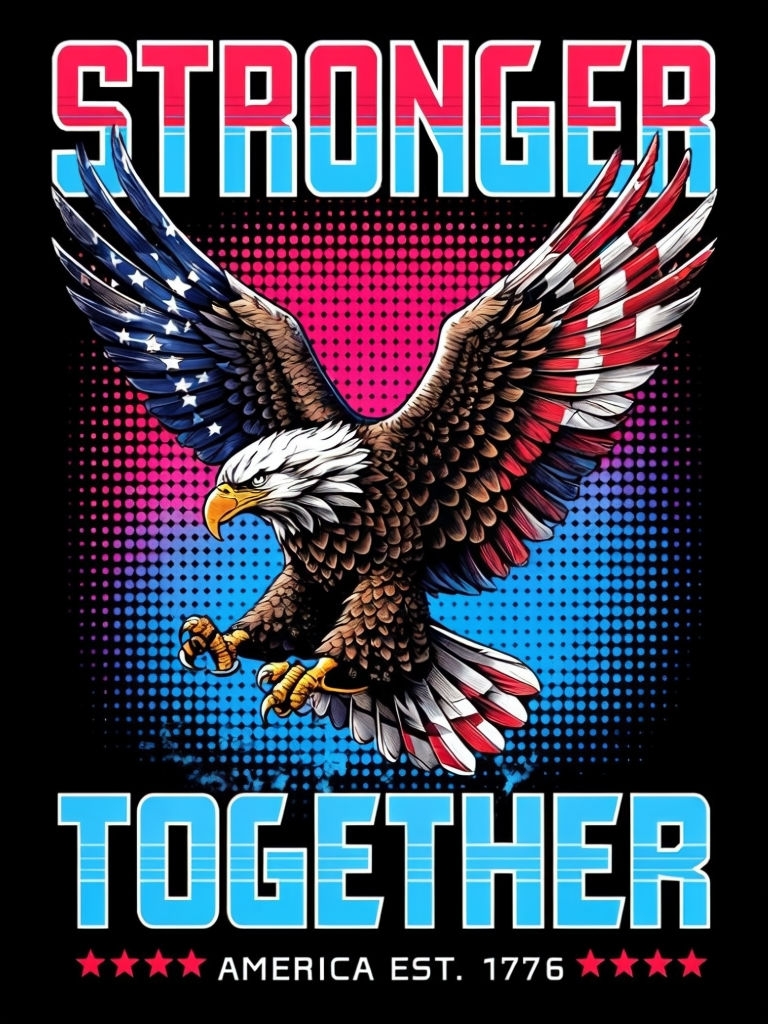 Patriotic Bald Eagle Flying with Stronger Together Message Poster