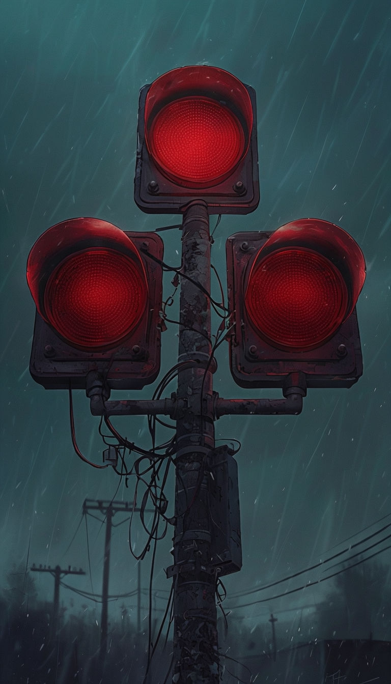 Eerie Neon Red Traffic Signal Digital Art Poster