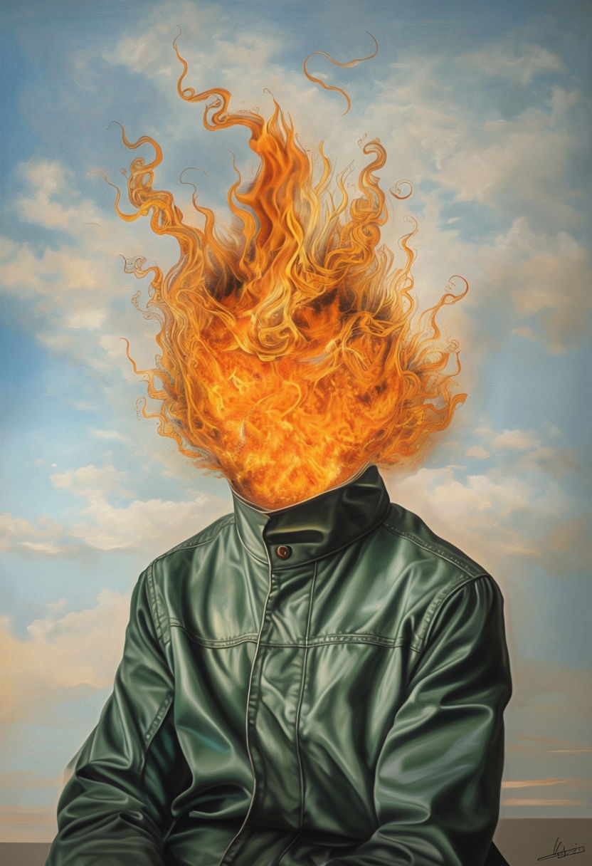 Surreal Figure with Fiery Head and Green Jacket Art