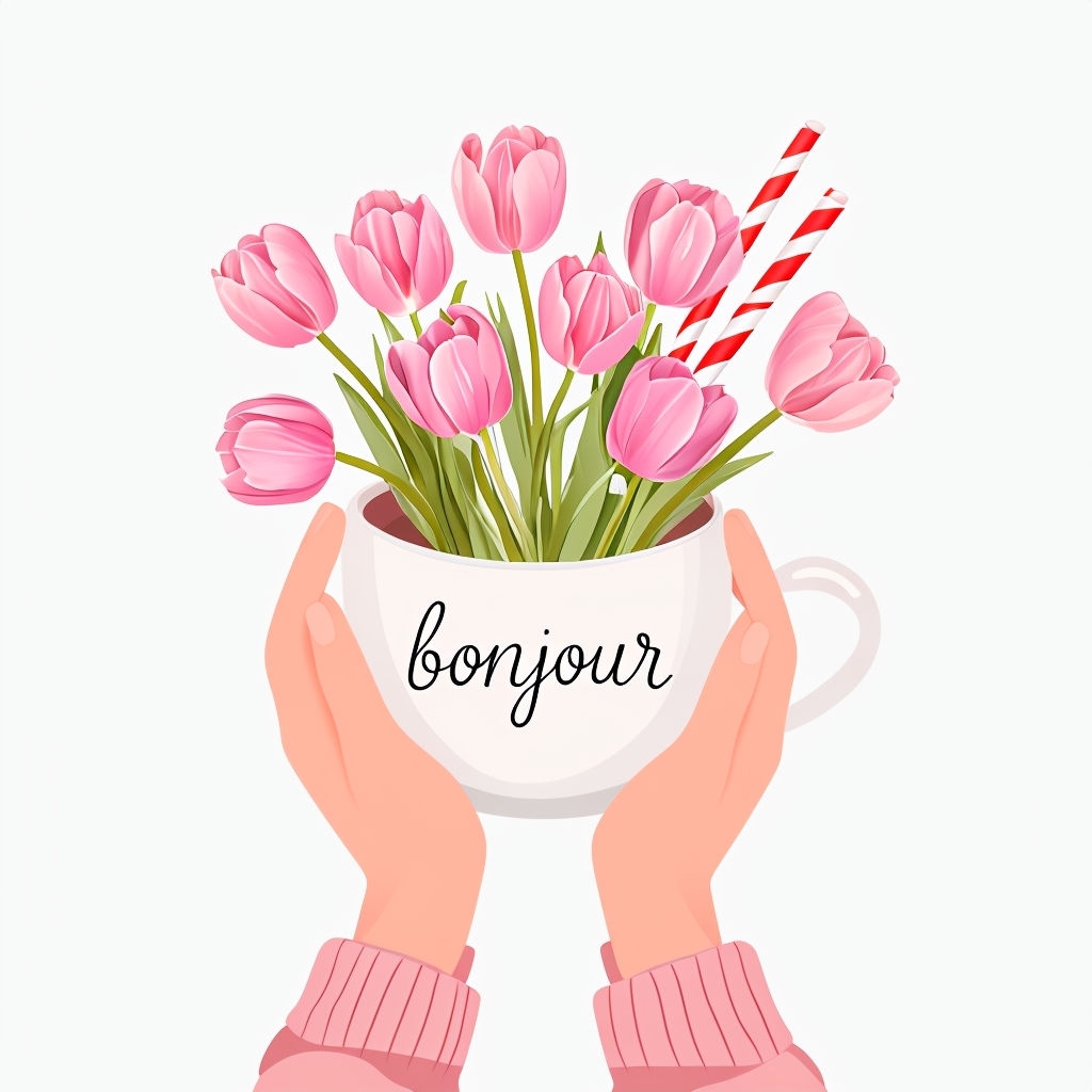 Charming Peach Hands Holding Bonjour Cup with Tulips Sticker