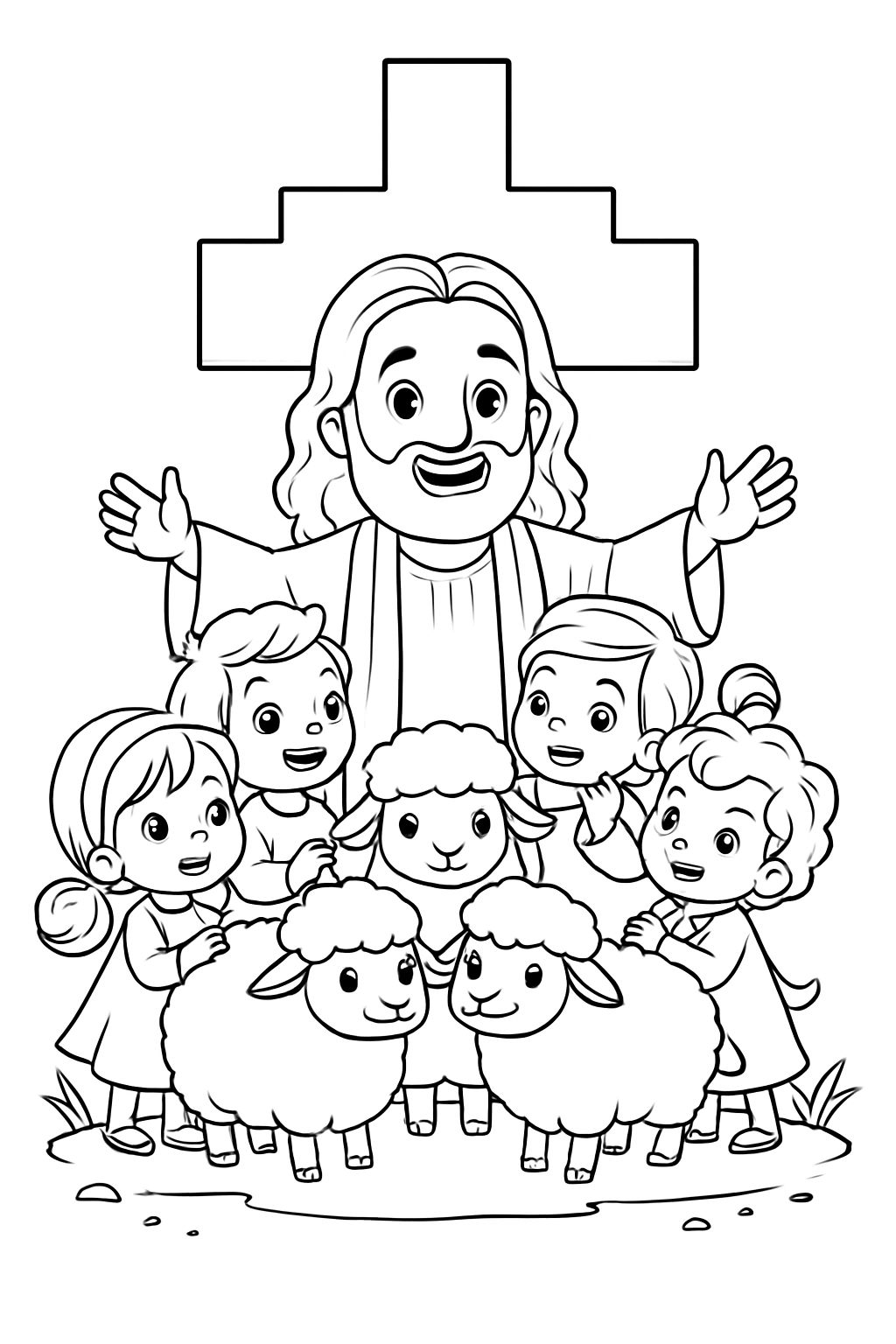 Joyful Jesus with Children and Sheep Cartoon Coloring Page