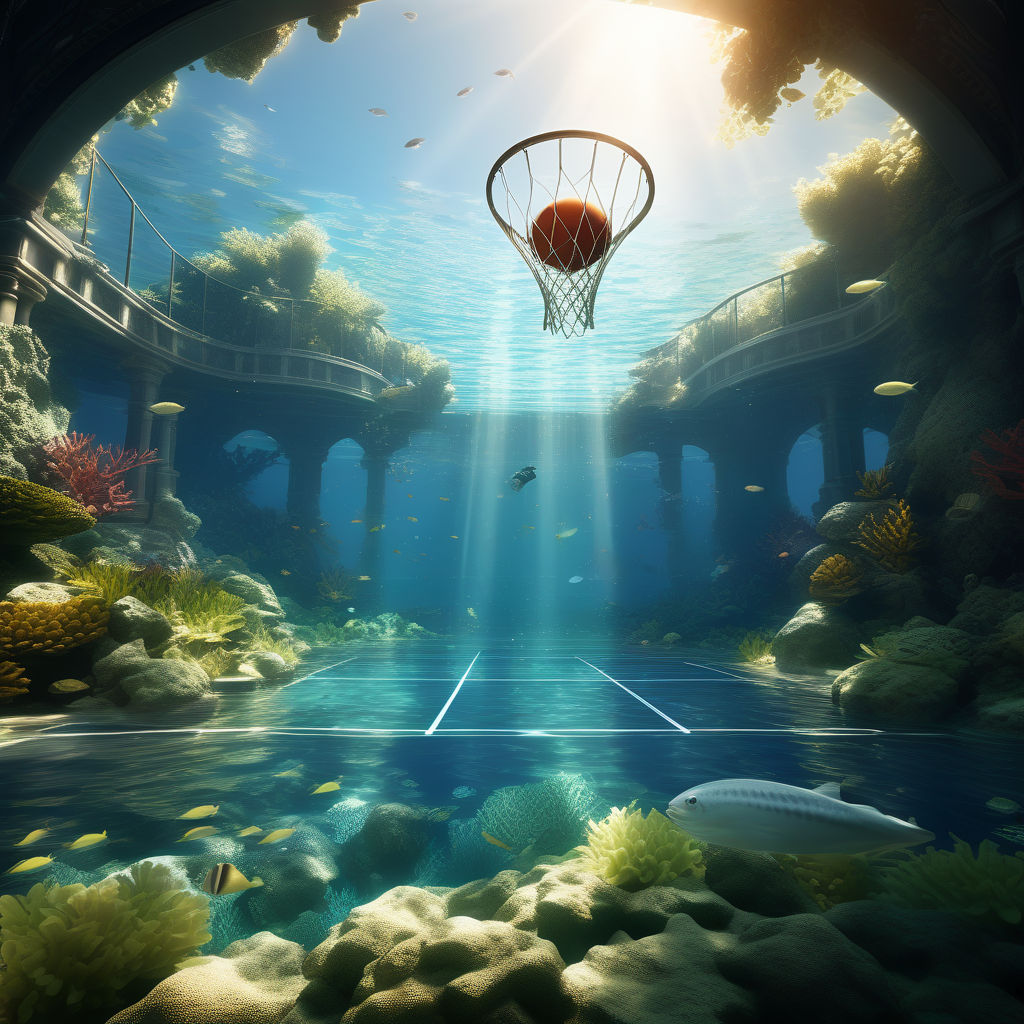 Produce a dreamlike scene of an underwater basketball court by Viral