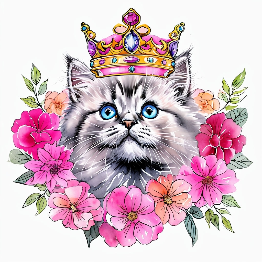 Whimsical Gray Kitten with Crown and Flowers Watercolor Mug