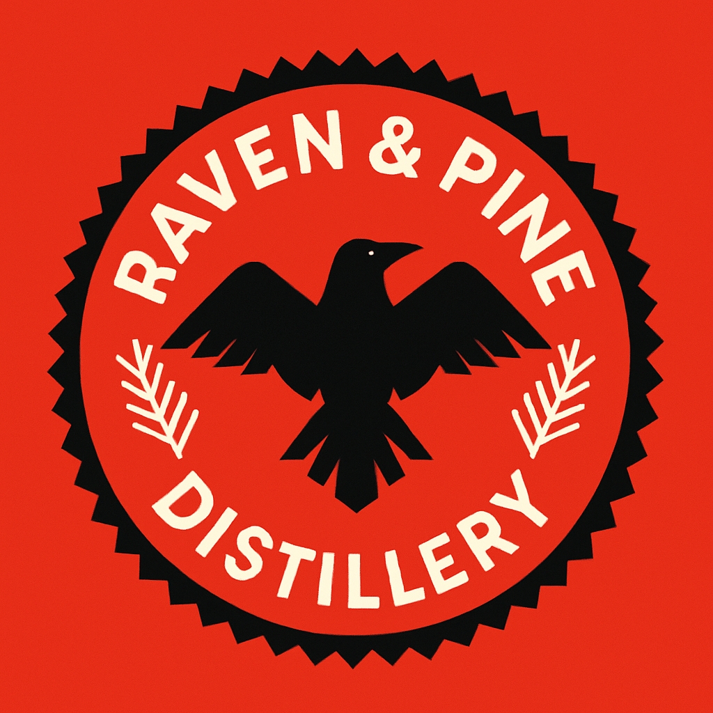 Modern Raven and Pine Distillery Logo Design with Emblem