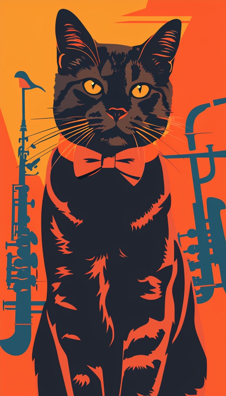 Stylized Cat in Attire with Musical Instruments Graphic Art