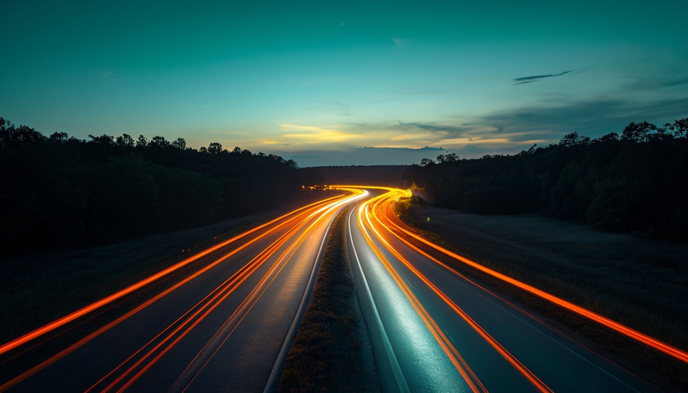 Dynamic Night Road with Traffic Light Trails Virtual Background