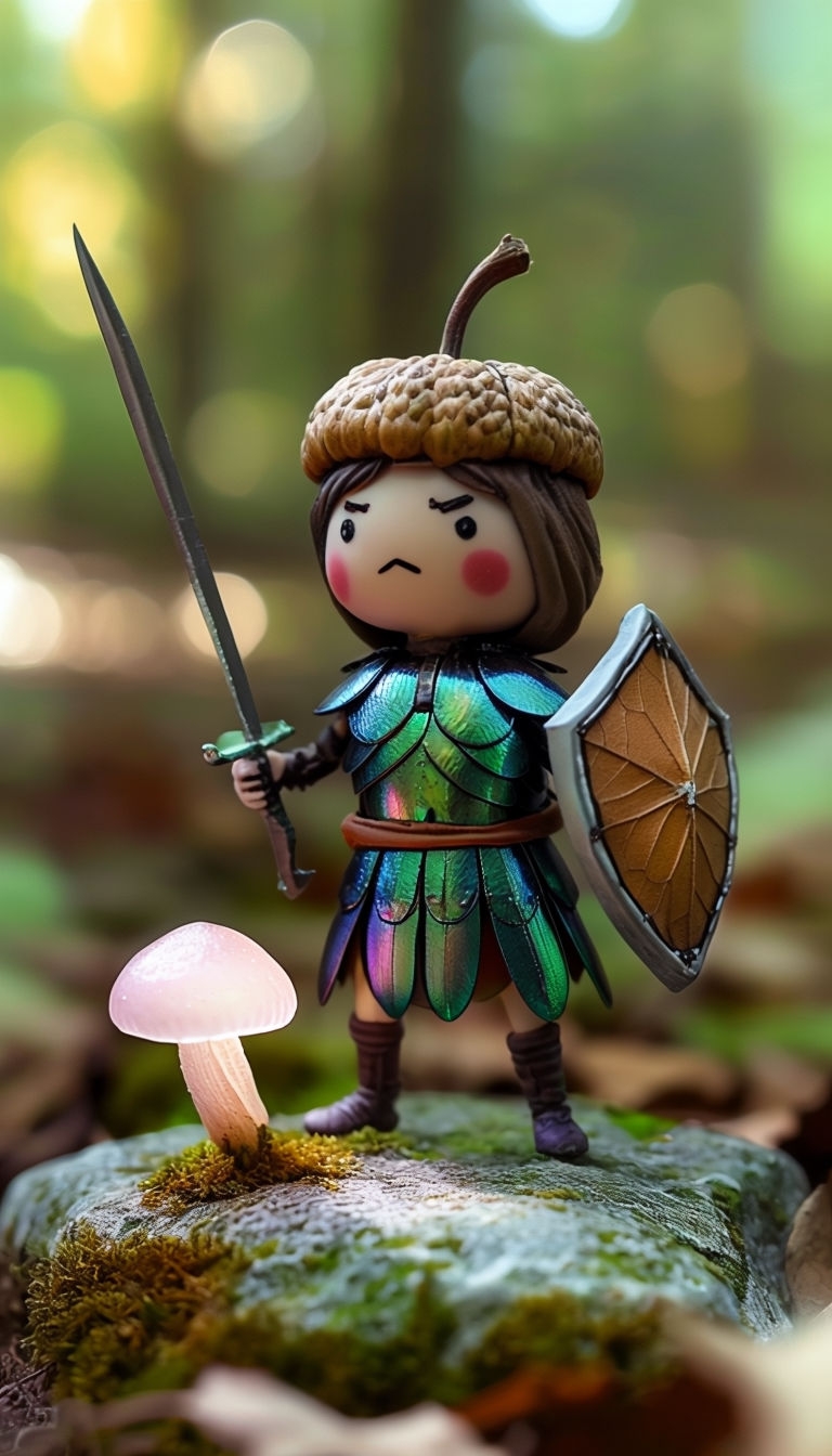 Brave Acorn Knight Defending Mushroom Miniature Art