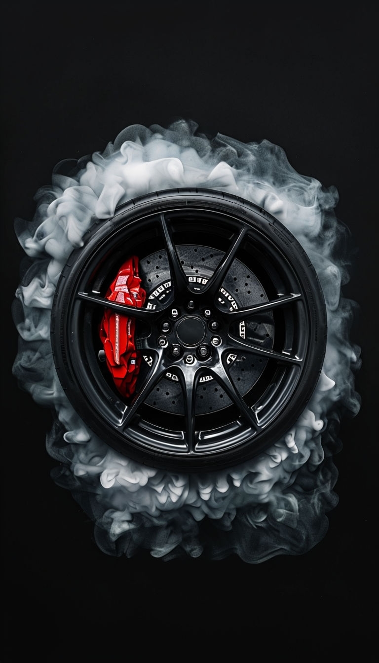 Sleek Black Sports Car Wheel with Dramatic Smoke Background Mobile Wallpaper