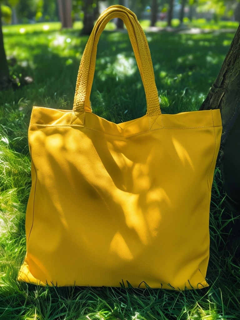 Mustard Yellow Tote Bag Mockup in Lively Outdoor Setting Mockup