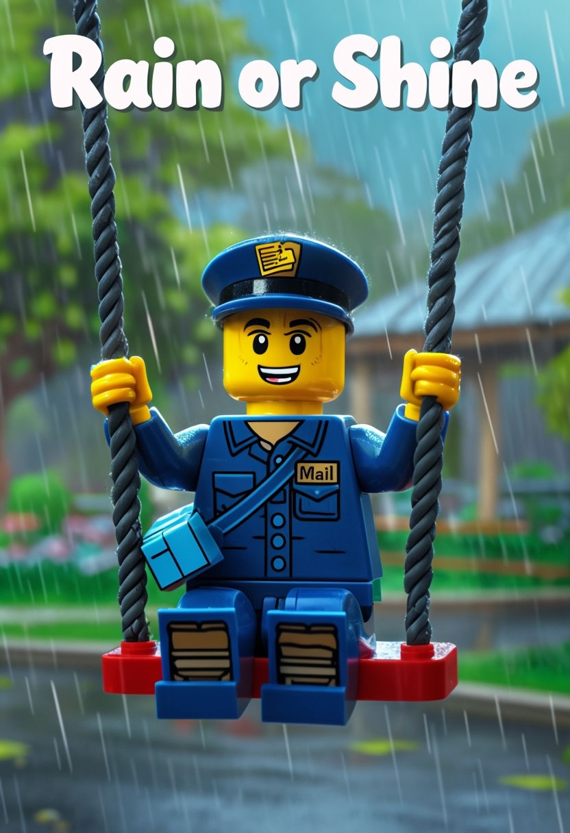 Cheerful LEGO Postman Swinging with Rainy Scene Art