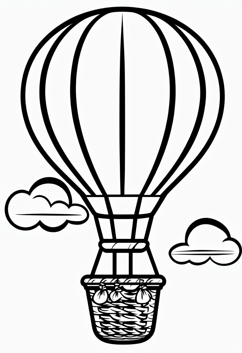 Simple Black and White Hot Air Balloon Line Drawing Coloring Book Pages