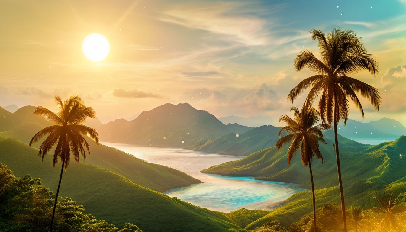 Serene Tropical Sunset Landscape with Palm Trees Virtual Backgrounds