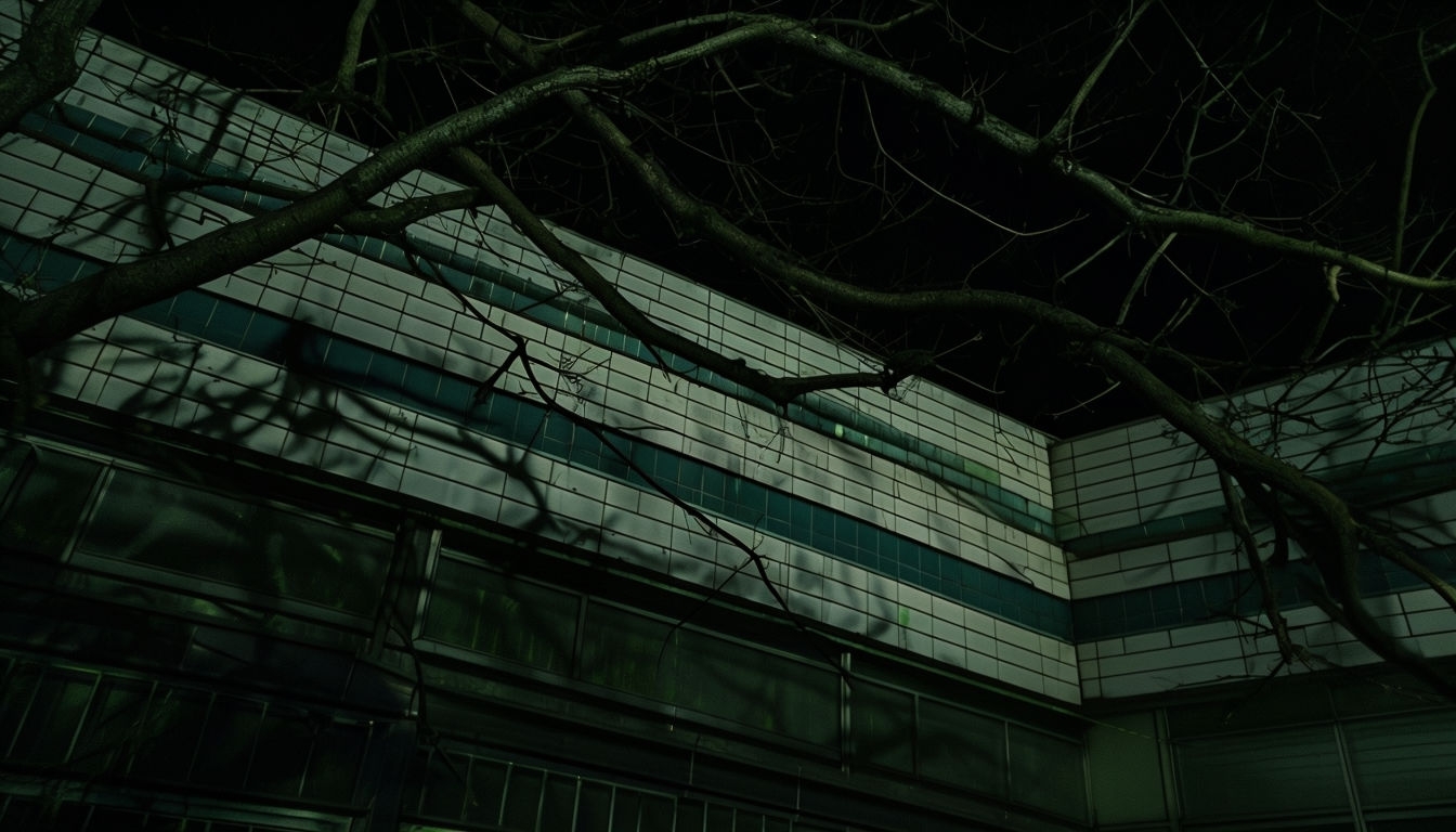 Eerie Night Scene with Tree Branches and Urban Facade Virtual Backgrounds