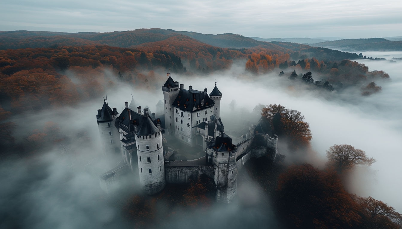 Majestic Castle Surrounded by Misty Autumn Landscape Background