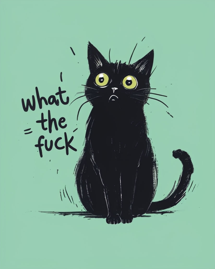 Surprised Black Cat with Whimsical Text on Mint Green Poster