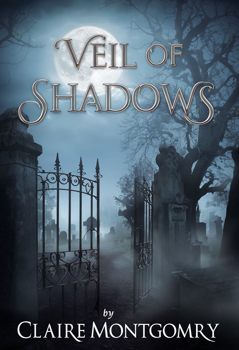 Haunting Misty Graveyard eBook Cover for 'Veil of Shadows' by Claire Montgomery