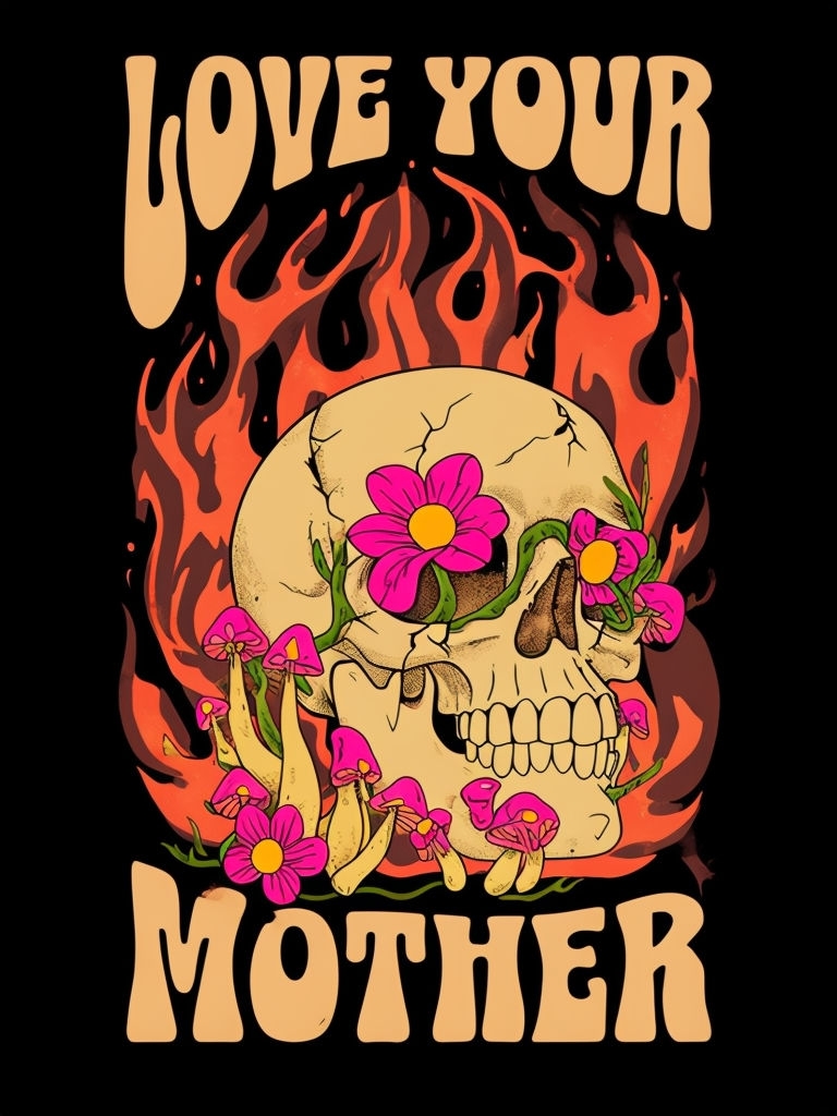 Psychedelic Skull and Mystical Mushrooms Love Your Mother T-Shirt