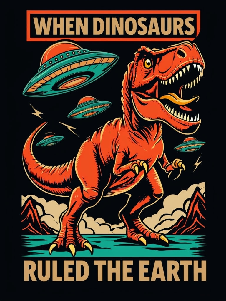 Vibrant Retro T-Rex and UFOs Comic T-Shirt