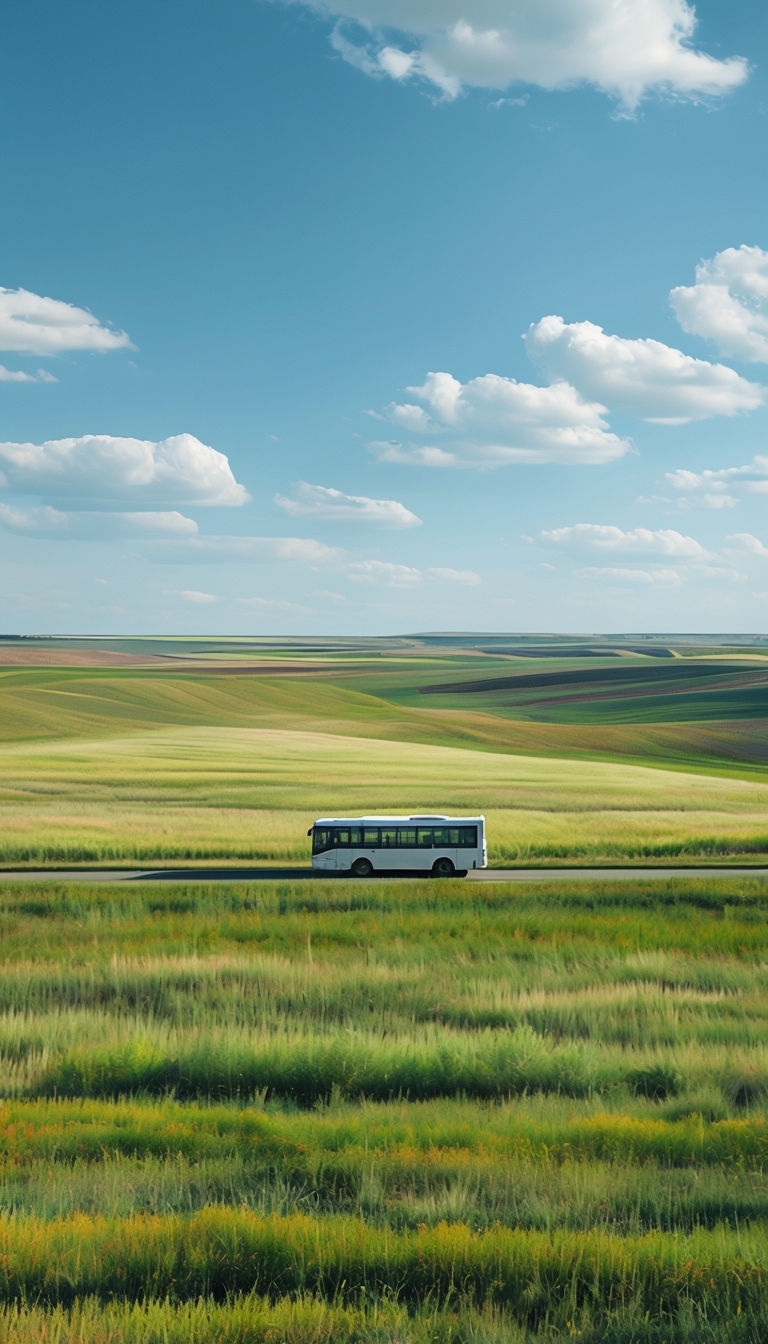 Serene White Bus in Rolling Green Fields Landscape Mobile Wallpaper