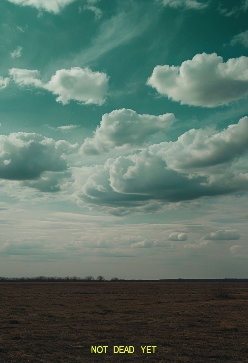 Serene Rural Landscape with Dramatic Sky and 'Not Dead Yet' Text Poster