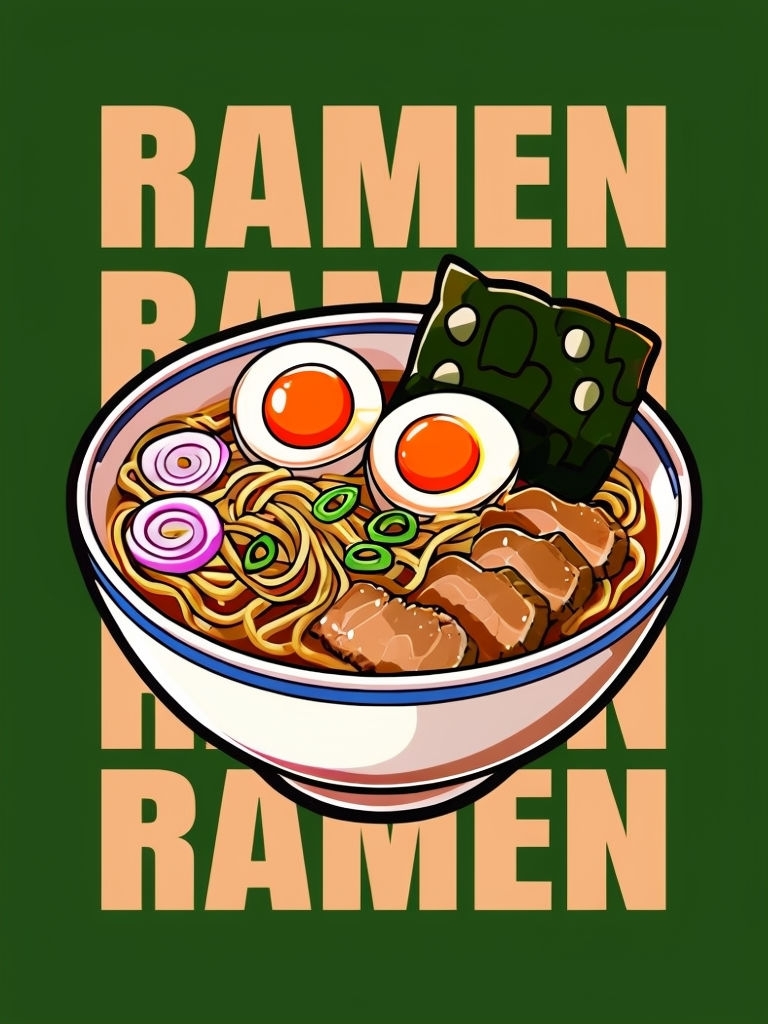 Vibrant Cartoon Ramen Bowl Illustration with Tasty Ingredients Poster