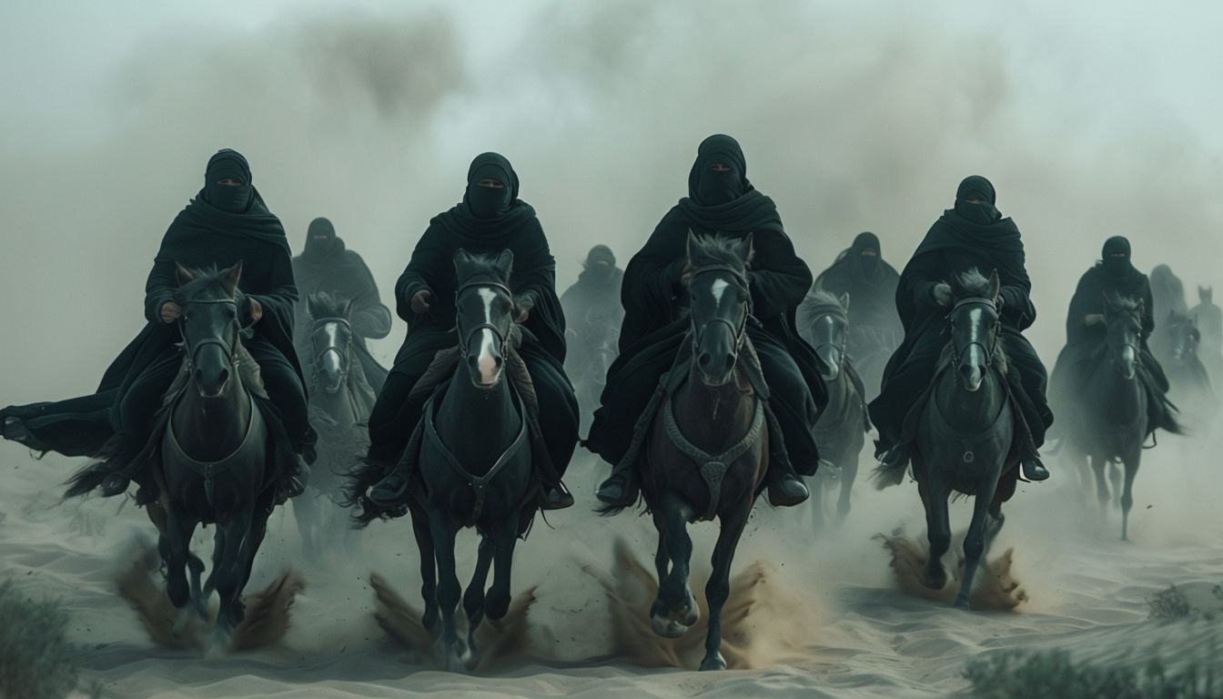 Ancient Desert Riders Charging Through Dusty Landscape Art