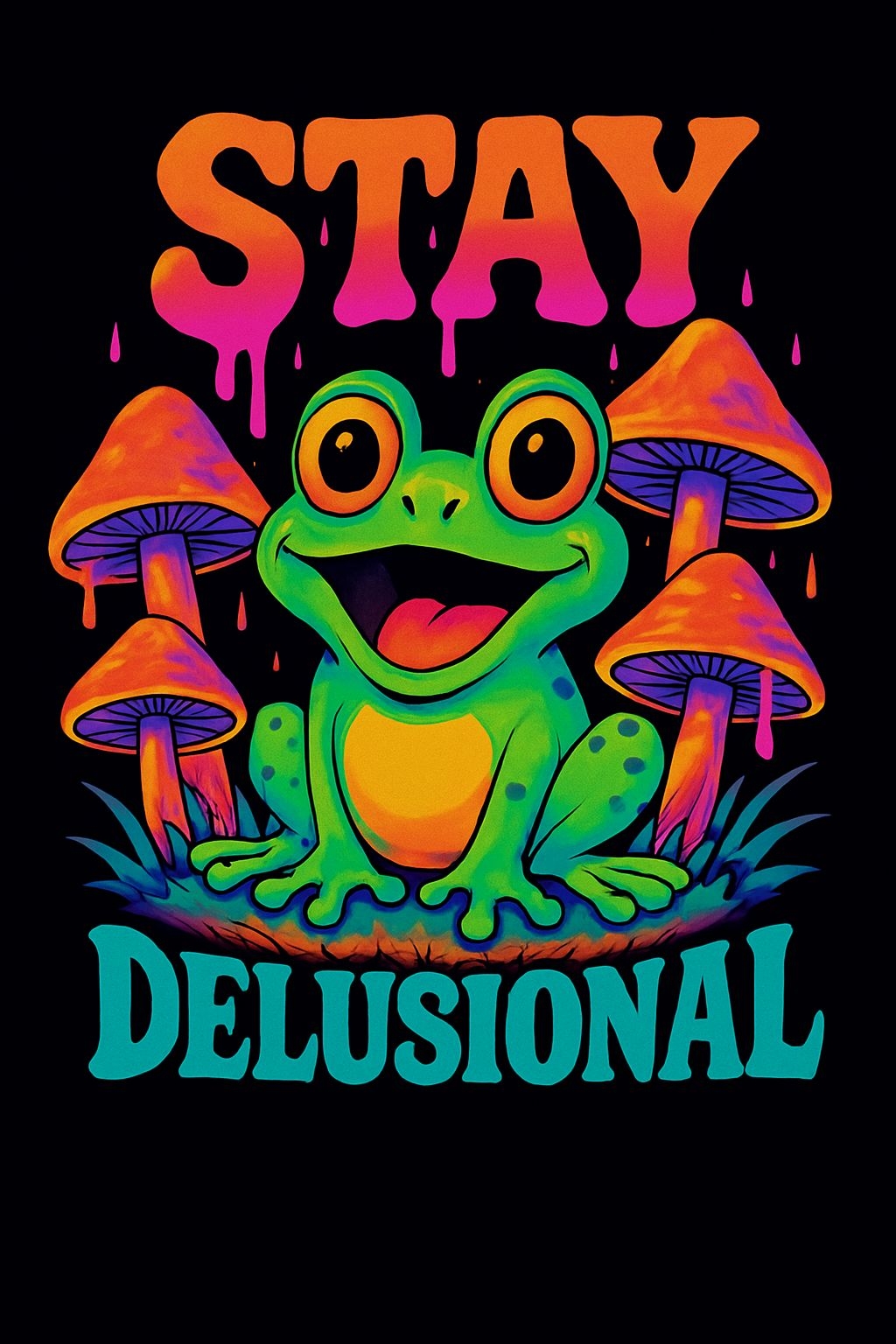 Cheerful Neon Frog with Colorful Mushrooms T-Shirt