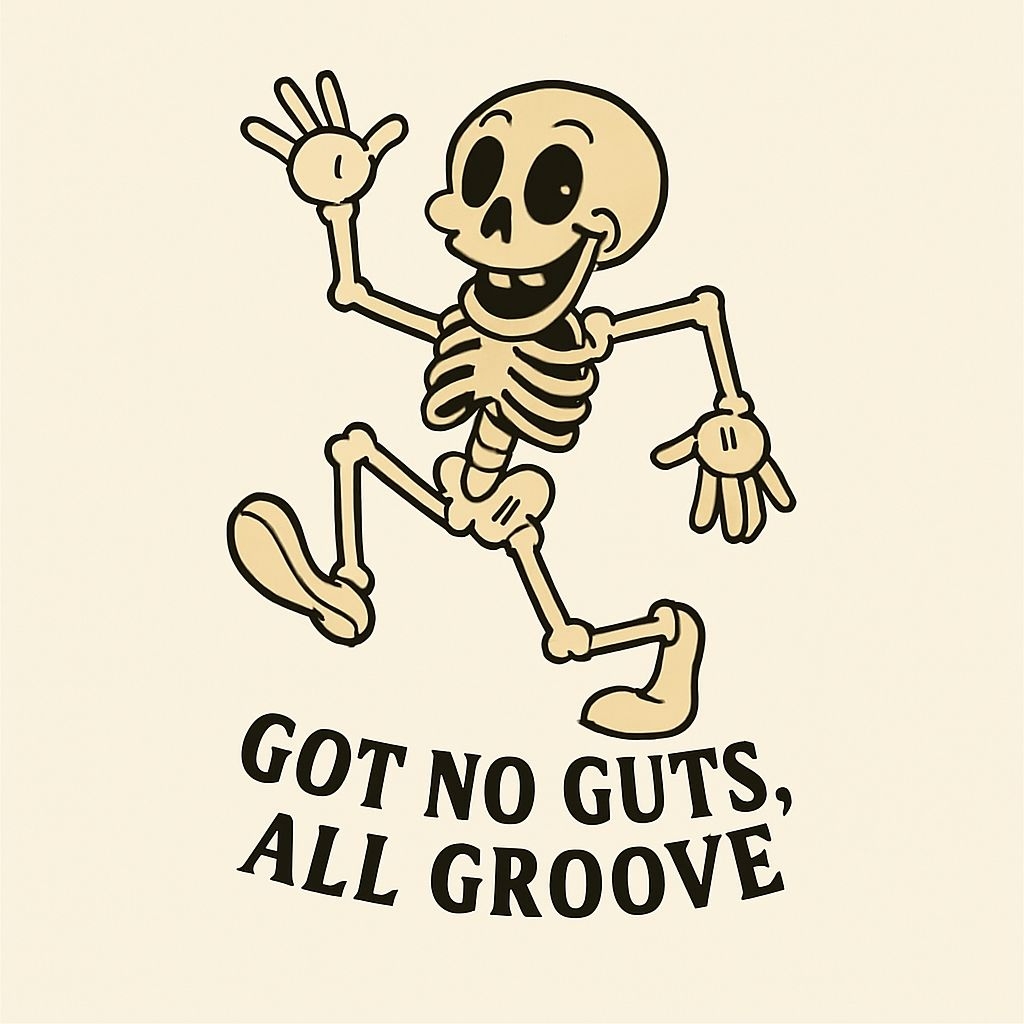 Cheerful Retro Skeleton Character with Playful Text Sticker