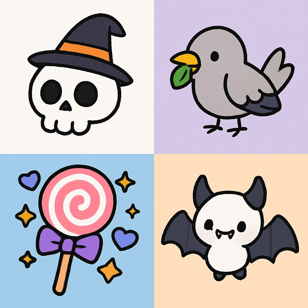 Cute Cartoon Illustrations in Whimsical Grid Pattern Sticker