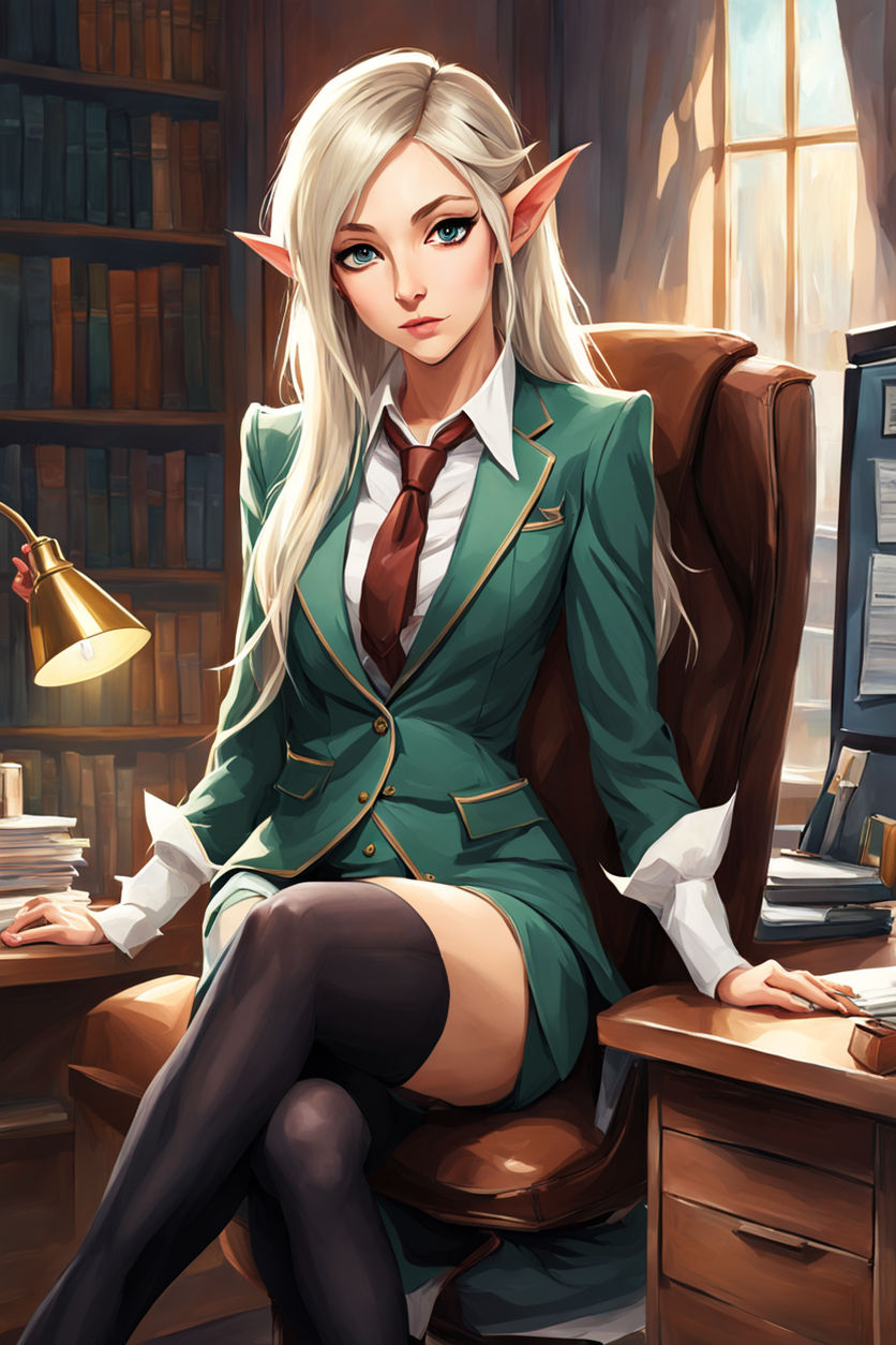 princess Zelda in real world age 24 years wearing formal clothes suit and  shirt and shorts sittining on a chair using the computer at her job place