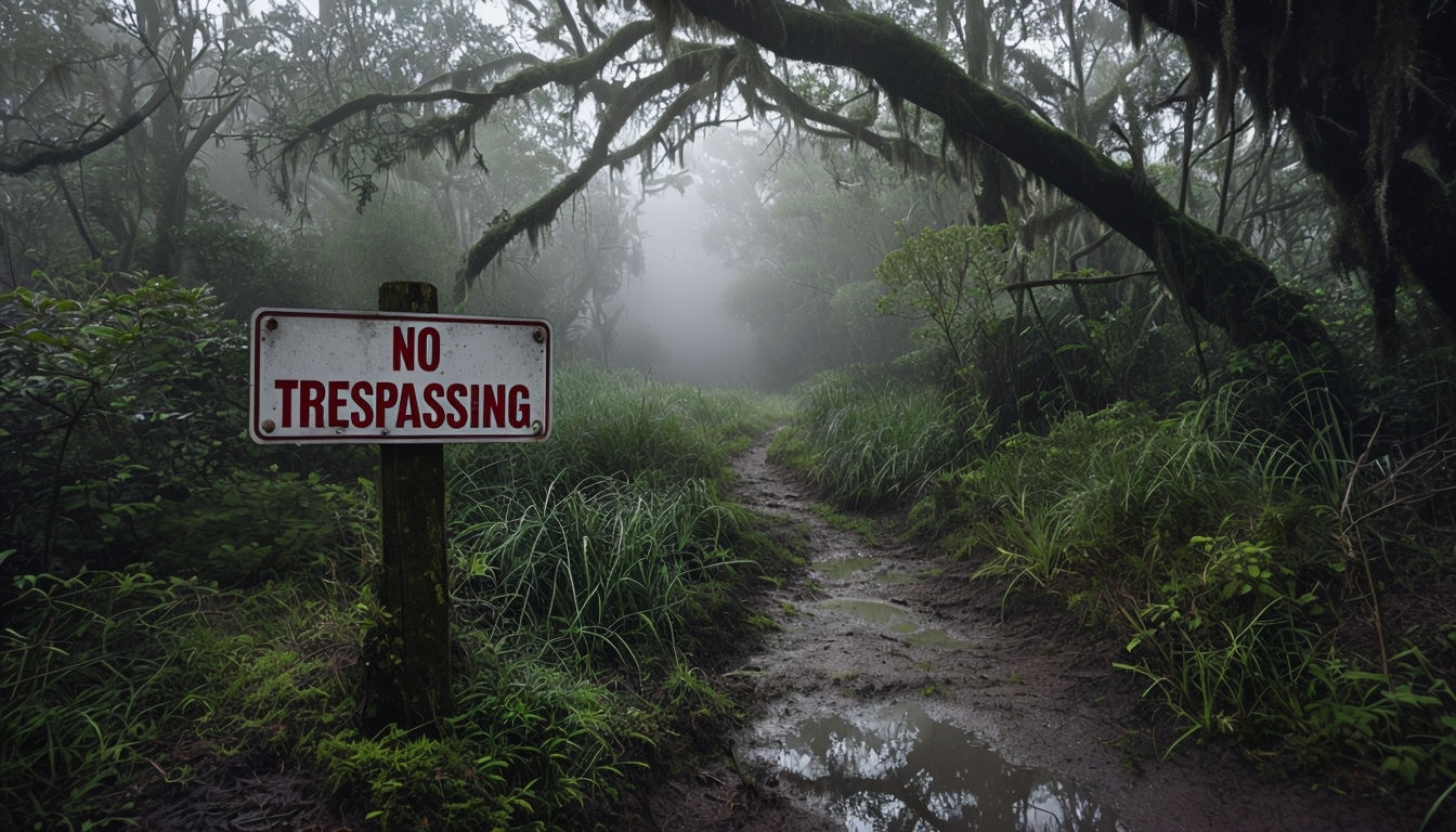 Eerie Misty Forest with No Trespassing Sign Virtual Background
