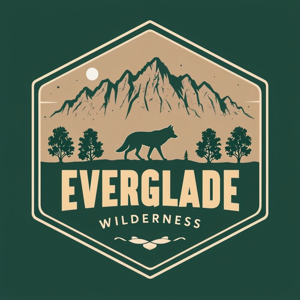 Vintage Everglade Wilderness Logo with Mountain and Wolf Design