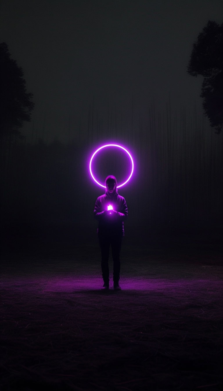 Mysterious Figure with Purple Neon Halo in Foggy Environs Mobile Wallpaper
