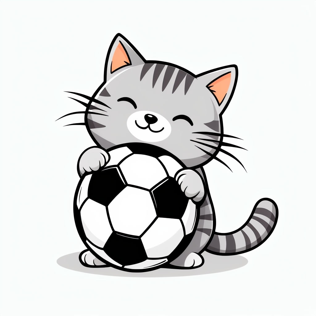 Cute Gray Tabby Cat with Soccer Ball Cartoon Sticker